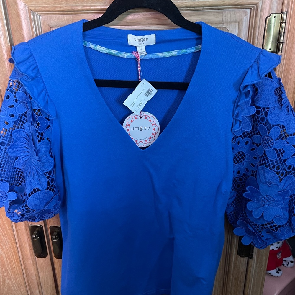 Umgee Blue Flutter Sleeve Ruffled Blouse